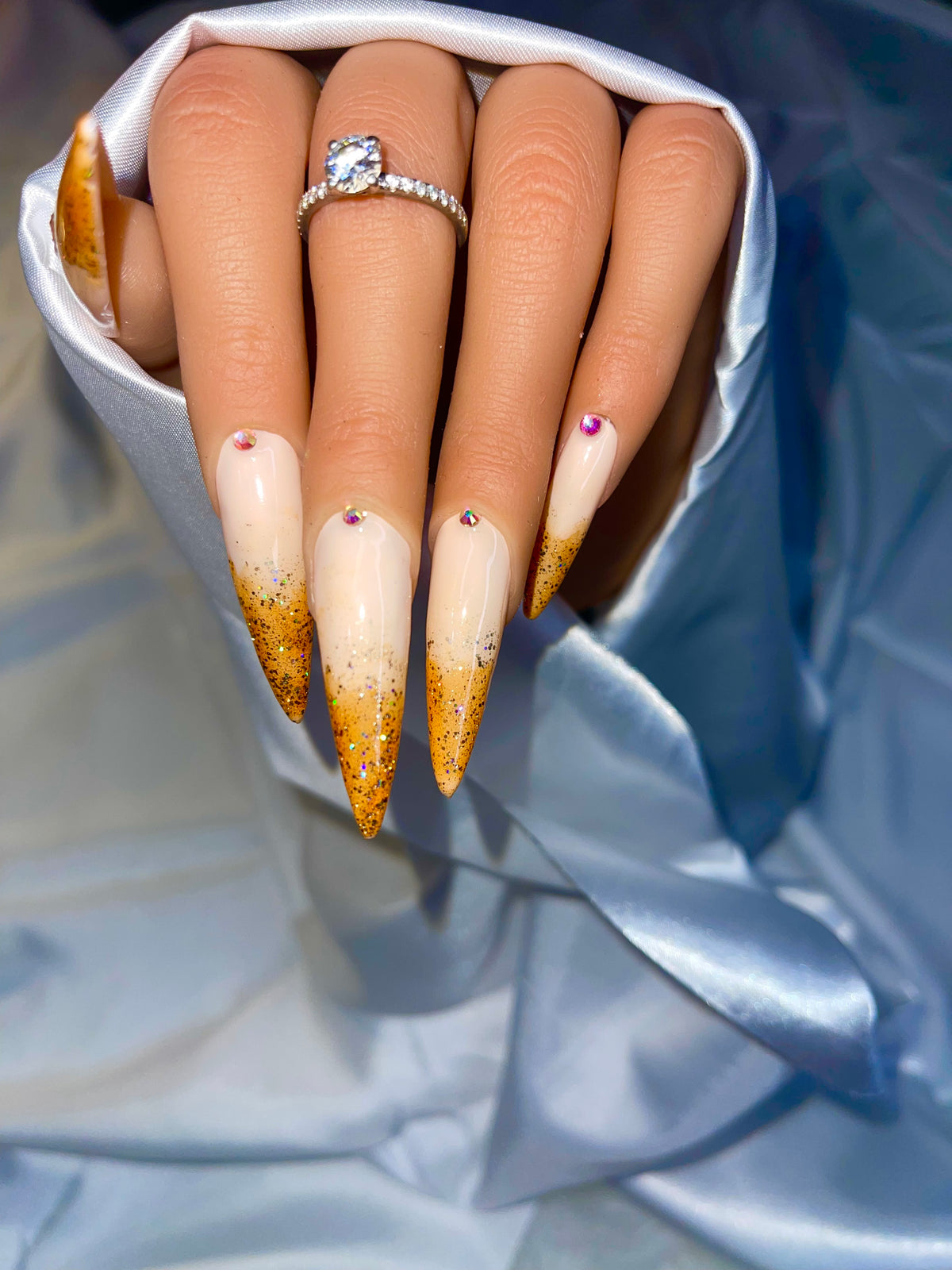 ✨ Golden Glitter Ombre Press-On Nails – Long Stiletto Nude with Rhinestone Accents